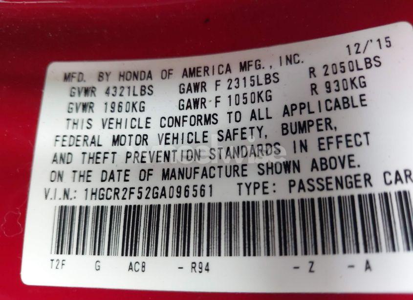 Photo 9 of 2016 Honda Accord SPORT (VIN 1HGCR2F52GA096561)