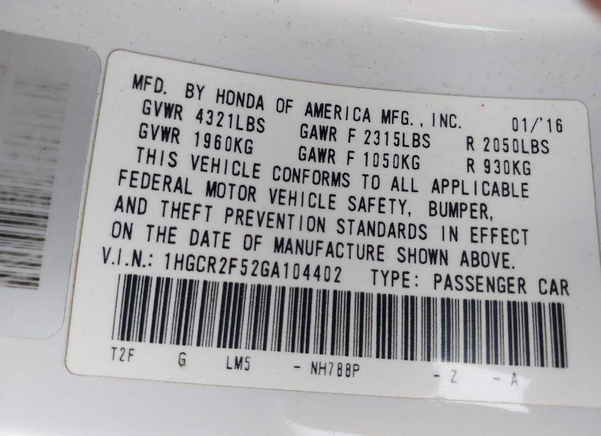 Photo 9 of 2016 Honda Accord SPORT (VIN 1HGCR2F52GA104402)