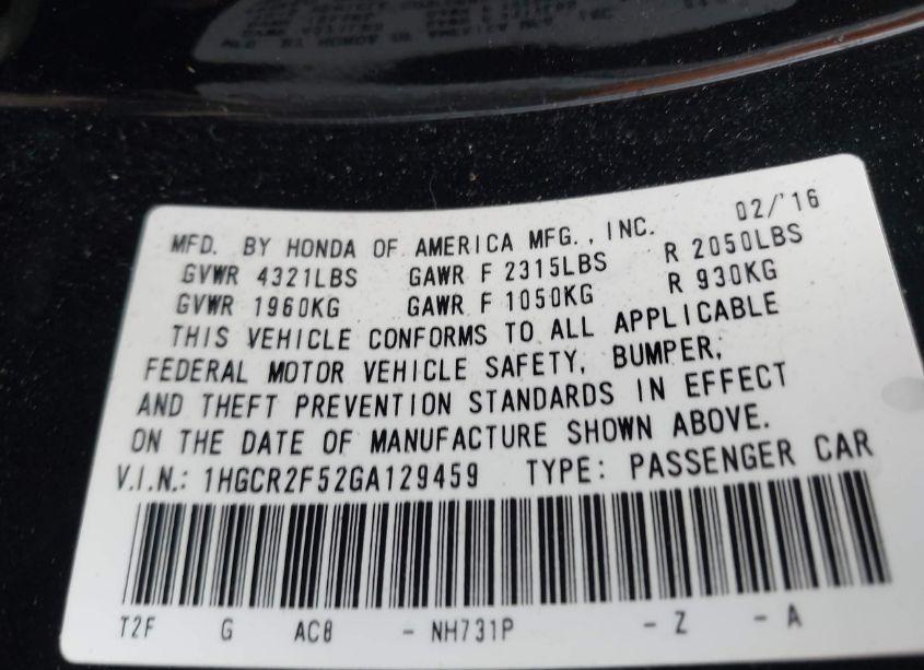 Photo 9 of 2016 Honda Accord SPORT (VIN 1HGCR2F52GA129459)