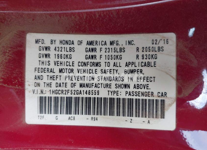 Photo 9 of 2016 Honda Accord SPORT (VIN 1HGCR2F52GA148559)