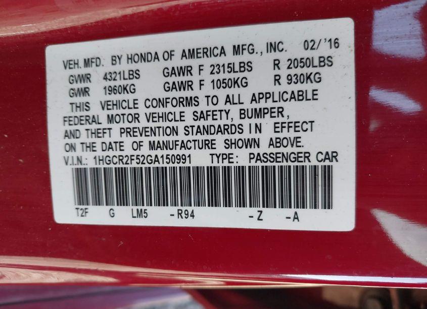 Photo 9 of 2016 Honda Accord SPORT (VIN 1HGCR2F52GA150991)