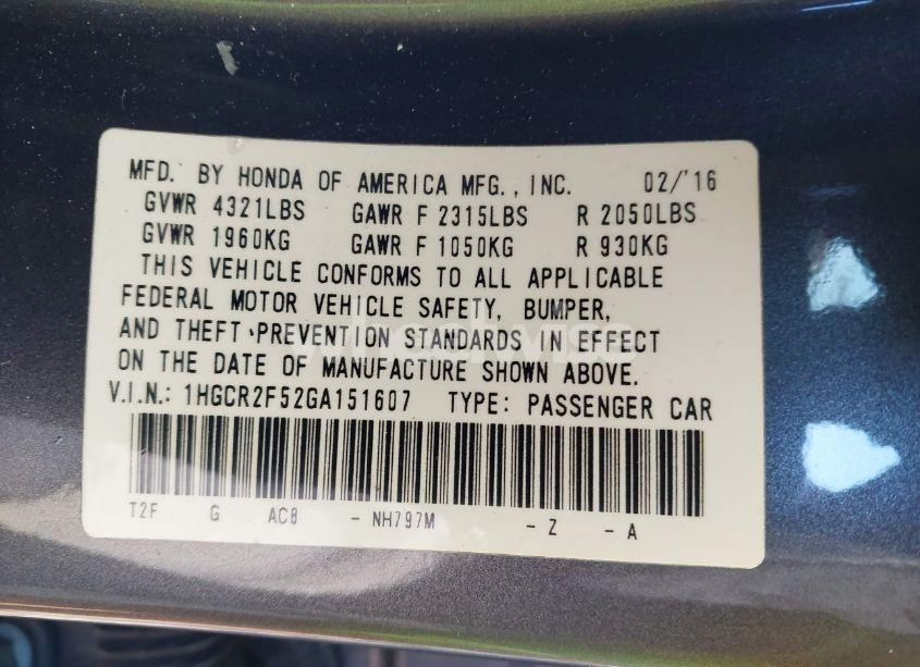 Photo 9 of 2016 Honda Accord SPORT (VIN 1HGCR2F52GA151607)