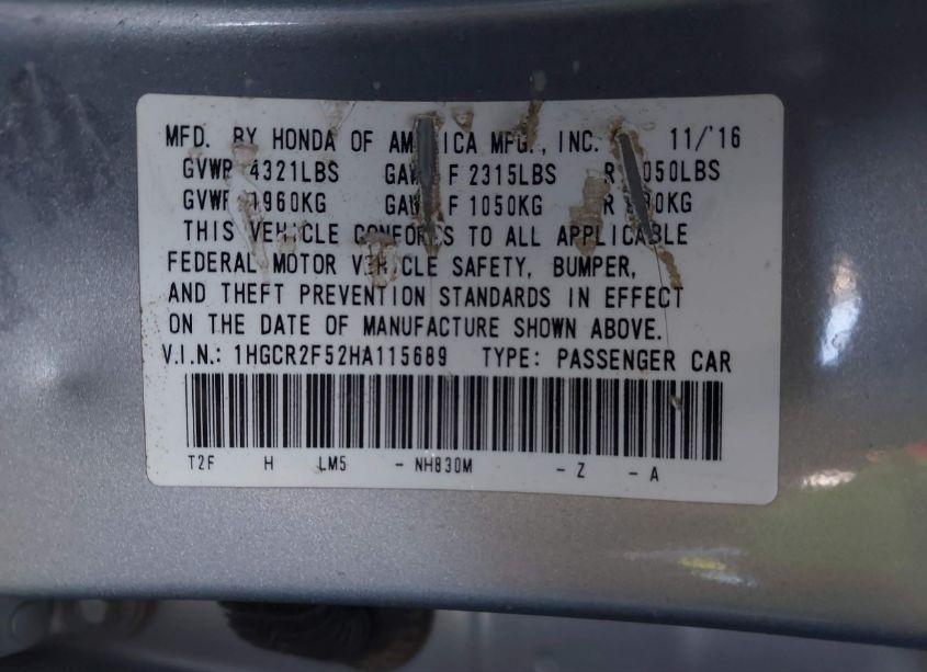 Photo 9 of 2017 Honda Accord SPORT (VIN 1HGCR2F52HA115689)