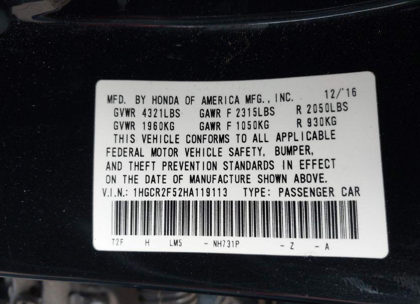 Photo 9 of 2017 Honda Accord SPORT (VIN 1HGCR2F52HA119113)