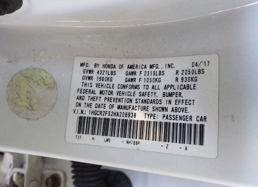 Photo 9 of 2017 Honda Accord SPORT (VIN 1HGCR2F52HA208938)