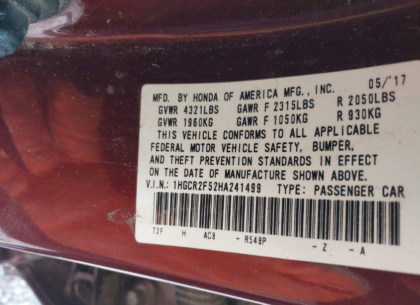 Photo 9 of 2017 Honda Accord SPORT (VIN 1HGCR2F52HA241499)