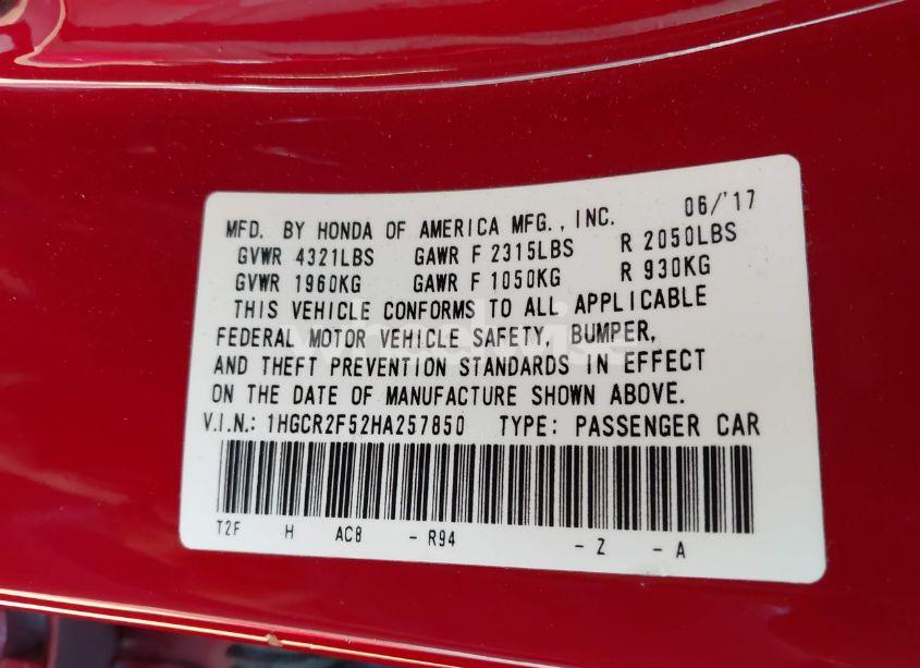 Photo 9 of 2017 Honda Accord SPORT (VIN 1HGCR2F52HA257850)