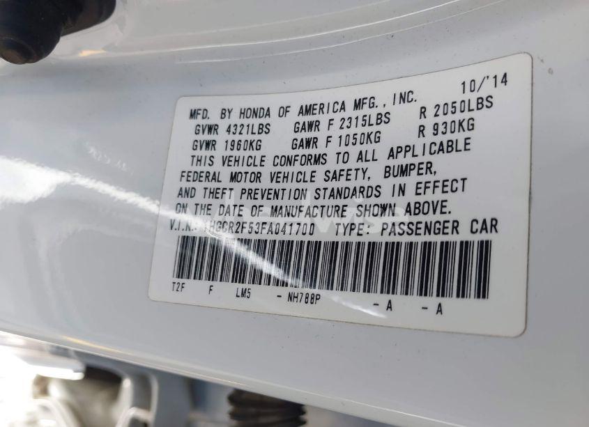 Photo 9 of 2015 Honda Accord SPORT (VIN 1HGCR2F53FA041700)