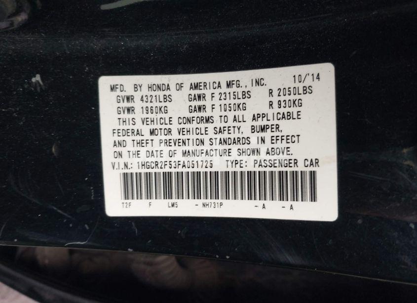 Photo 9 of 2015 Honda Accord SPORT (VIN 1HGCR2F53FA051725)