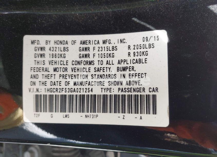 Photo 9 of 2016 Honda Accord SPORT (VIN 1HGCR2F53GA021254)