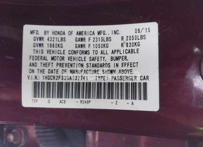 Photo 9 of 2016 Honda Accord SPORT (VIN 1HGCR2F53GA032741)