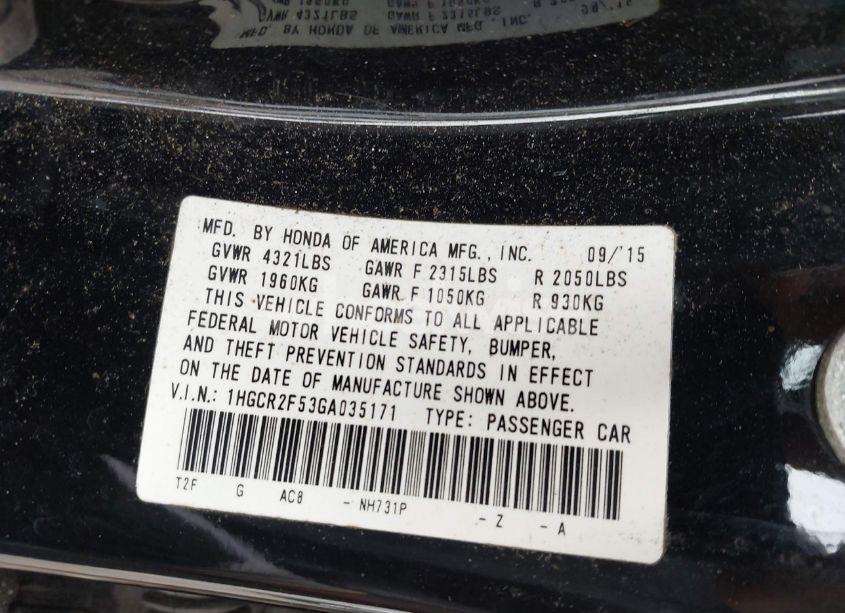 Photo 9 of 2016 Honda Accord SPORT (VIN 1HGCR2F53GA035171)