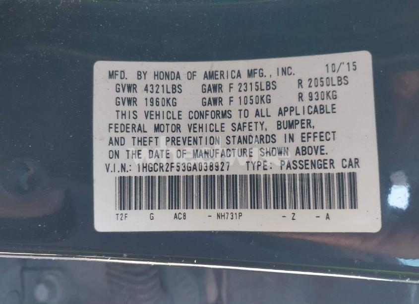 Photo 9 of 2016 Honda Accord SPORT (VIN 1HGCR2F53GA038927)