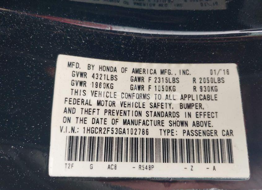 Photo 9 of 2016 Honda Accord SPORT (VIN 1HGCR2F53GA102786)