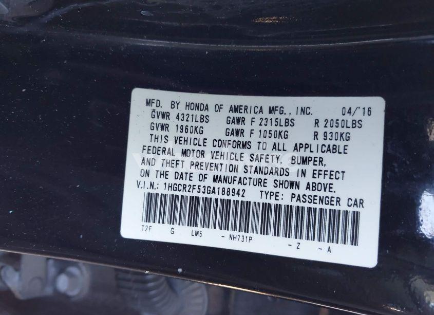 Photo 9 of 2016 Honda Accord SPORT (VIN 1HGCR2F53GA188942)