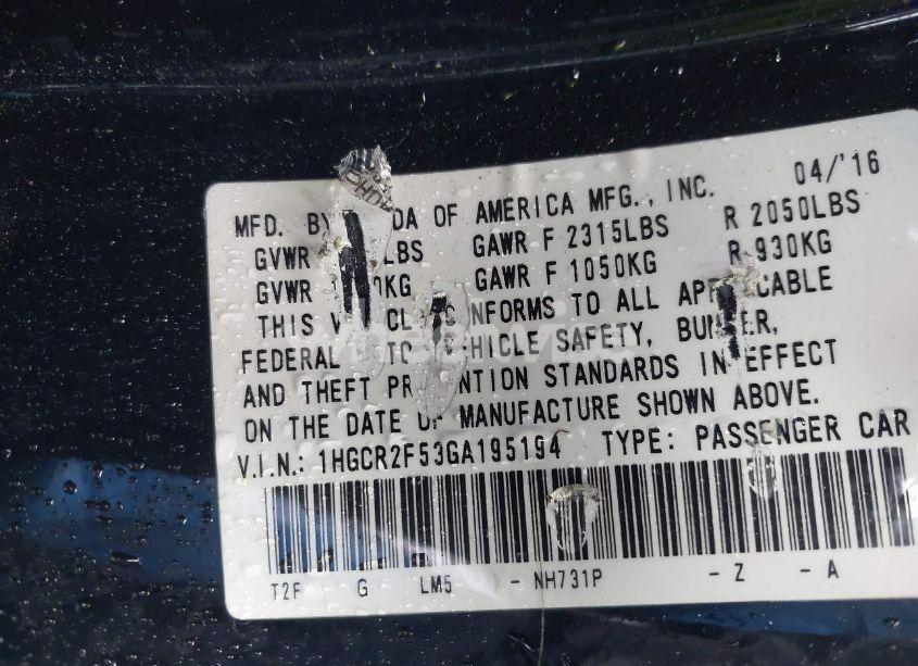 Photo 9 of 2016 Honda Accord SPORT (VIN 1HGCR2F53GA195194)