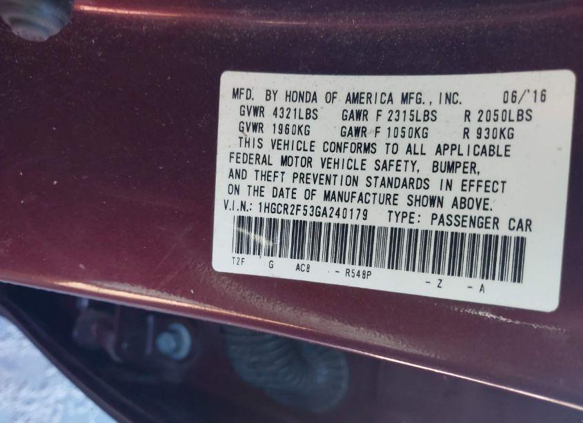 Photo 9 of 2016 Honda Accord SPORT (VIN 1HGCR2F53GA240179)