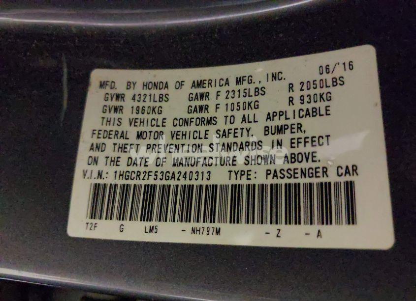 Photo 9 of 2016 Honda Accord SPORT (VIN 1HGCR2F53GA240313)