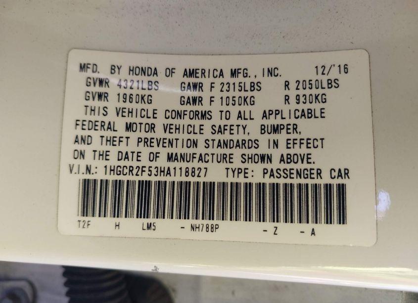 Photo 9 of 2017 Honda Accord SPORT (VIN 1HGCR2F53HA118827)