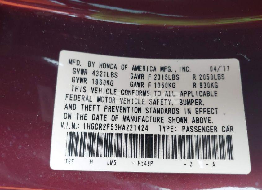 Photo 9 of 2017 Honda Accord SPORT (VIN 1HGCR2F53HA221424)