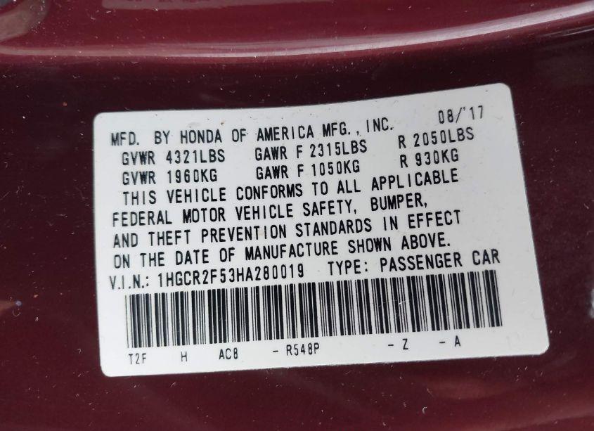 Photo 9 of 2017 Honda Accord SPORT (VIN 1HGCR2F53HA280019)