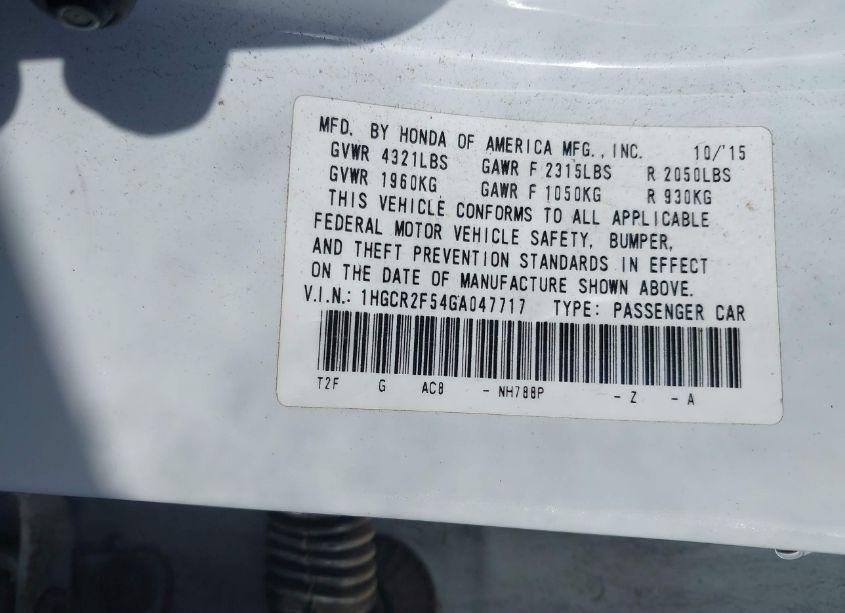 Photo 9 of 2016 Honda Accord SPORT (VIN 1HGCR2F54GA047717)