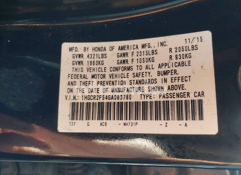 Photo 9 of 2016 Honda Accord SPORT (VIN 1HGCR2F54GA083780)