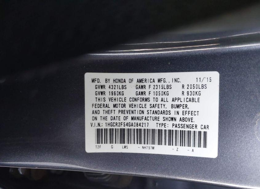 Photo 9 of 2016 Honda Accord SPORT (VIN 1HGCR2F54GA084217)