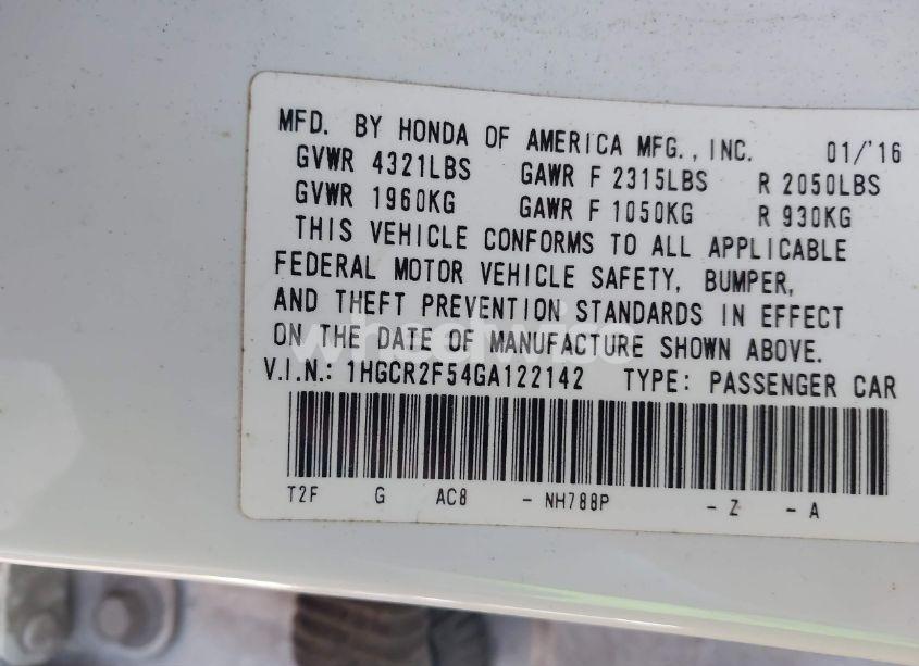 Photo 9 of 2016 Honda Accord SPORT (VIN 1HGCR2F54GA122142)