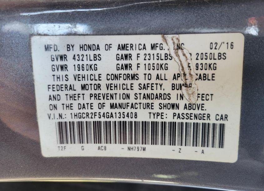 Photo 9 of 2016 Honda Accord (VIN 1HGCR2F54GA135408)
