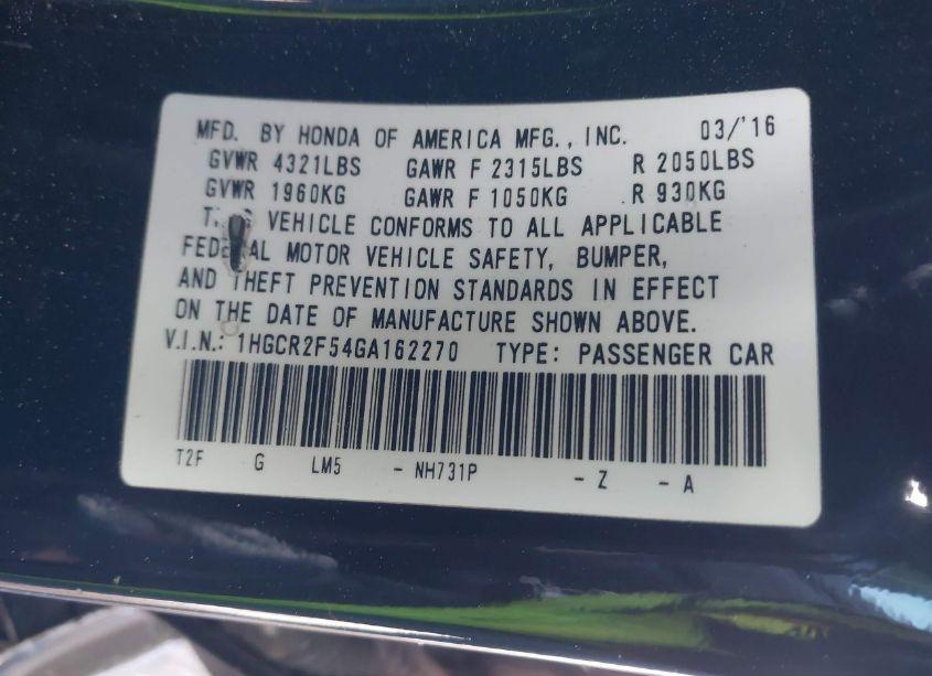 Photo 9 of 2016 Honda Accord SPORT (VIN 1HGCR2F54GA162270)