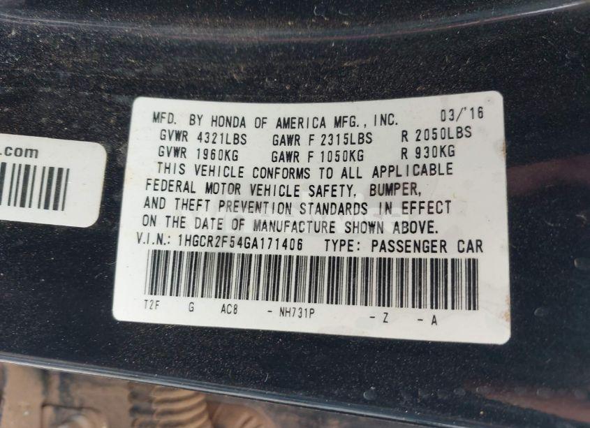 Photo 9 of 2016 Honda Accord SPORT (VIN 1HGCR2F54GA171406)