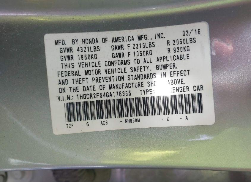 Photo 9 of 2016 Honda Accord SPORT (VIN 1HGCR2F54GA178355)