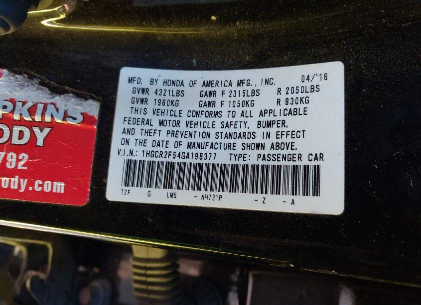 Photo 9 of 2016 Honda Accord SPORT (VIN 1HGCR2F54GA198377)