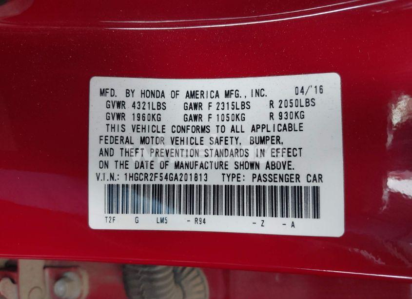 Photo 9 of 2016 Honda Accord SPORT (VIN 1HGCR2F54GA201813)