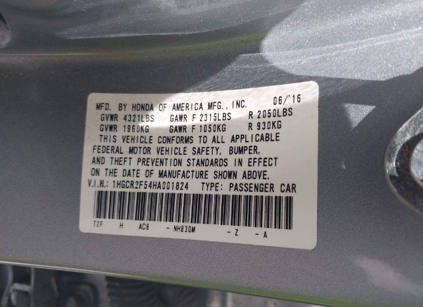 Photo 9 of 2017 Honda Accord SPORT (VIN 1HGCR2F54HA001824)