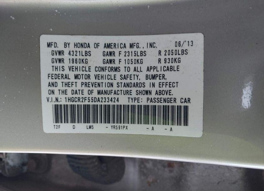 Photo 9 of 2013 Honda Accord SPORT (VIN 1HGCR2F55DA233424)