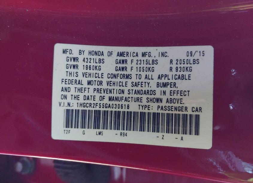 Photo 9 of 2016 Honda Accord SPORT (VIN 1HGCR2F55GA030618)