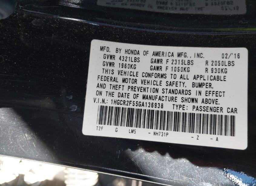 Photo 9 of 2016 Honda Accord SPORT (VIN 1HGCR2F55GA136938)