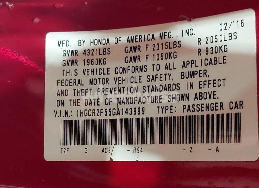 Photo 9 of 2016 Honda Accord SPORT (VIN 1HGCR2F55GA143999)