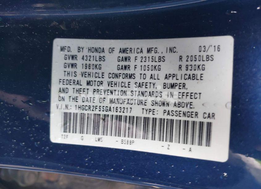 Photo 9 of 2016 Honda Accord SPORT (VIN 1HGCR2F55GA163217)