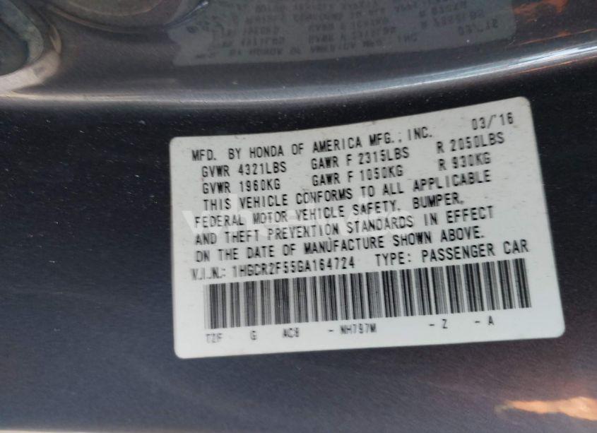 Photo 9 of 2016 Honda Accord SPORT (VIN 1HGCR2F55GA164724)