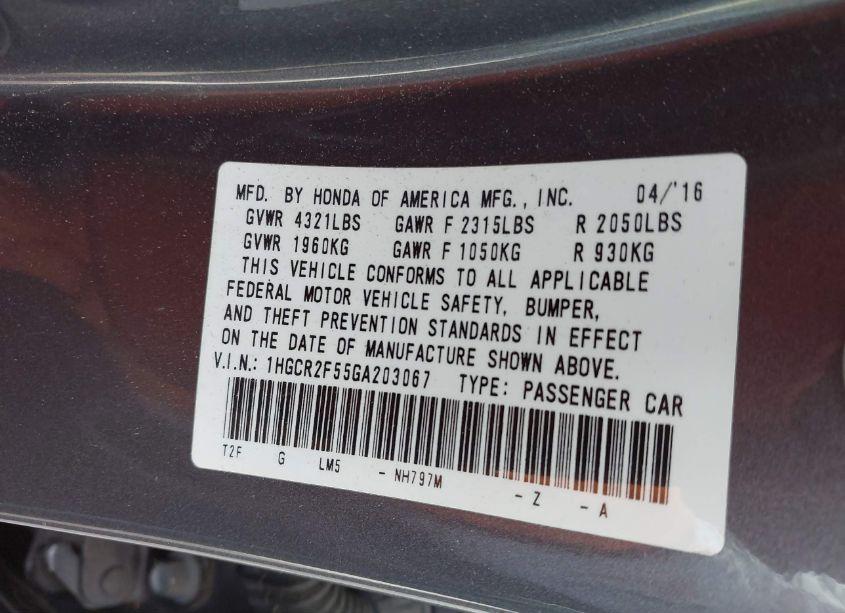 Photo 9 of 2016 Honda Accord SPORT (VIN 1HGCR2F55GA203067)