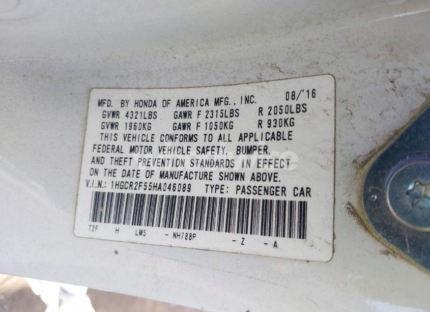 Photo 9 of 2017 Honda Accord SPORT (VIN 1HGCR2F55HA046089)