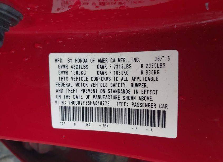 Photo 9 of 2017 Honda Accord SPORT (VIN 1HGCR2F55HA048778)