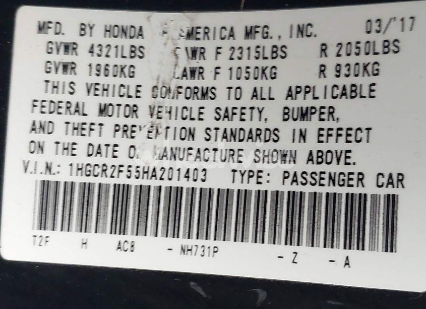 Photo 9 of 2017 Honda Accord SPORT (VIN 1HGCR2F55HA201403)