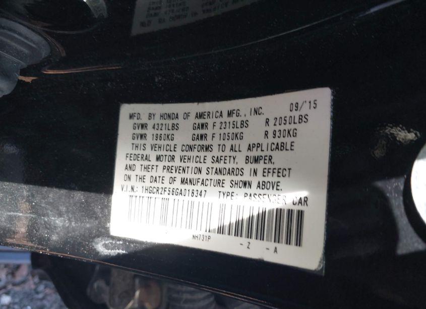 Photo 9 of 2016 Honda Accord SPORT (VIN 1HGCR2F56GA018347)