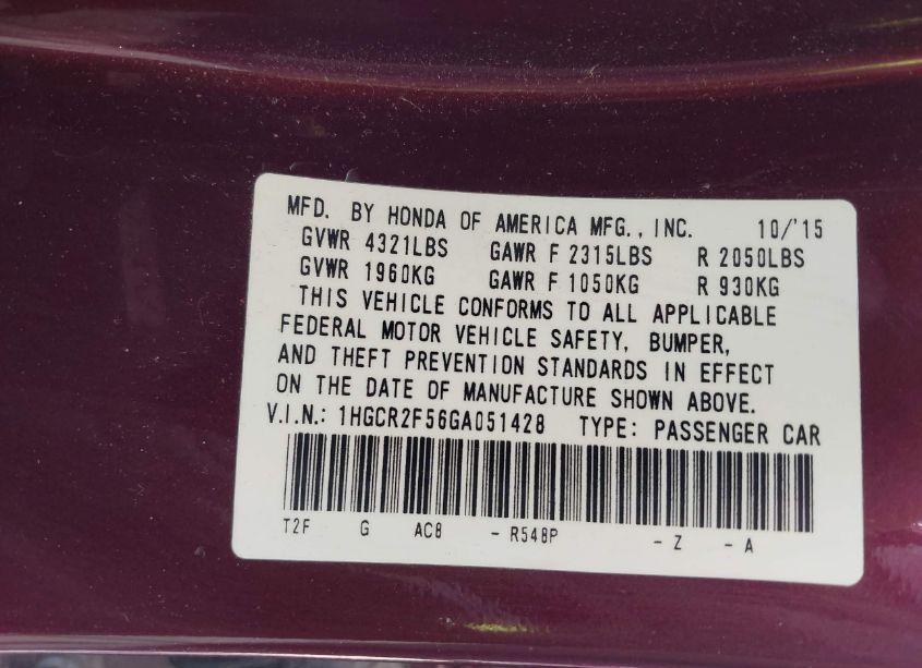 Photo 9 of 2016 Honda Accord SPORT (VIN 1HGCR2F56GA051428)