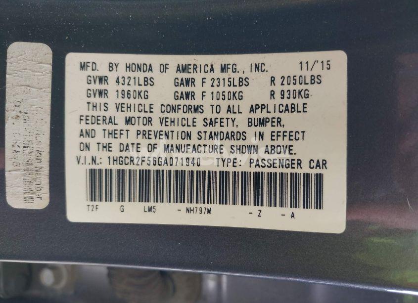 Photo 9 of 2016 Honda Accord SPORT (VIN 1HGCR2F56GA071940)