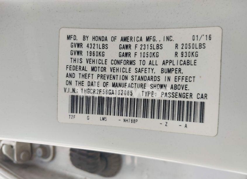 Photo 9 of 2016 Honda Accord SPORT (VIN 1HGCR2F56GA102085)